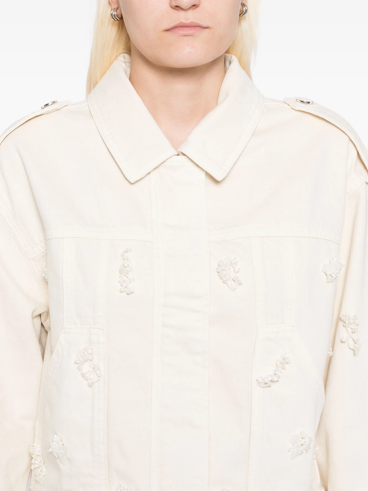 Cream Denim Beaded Floral Jacket