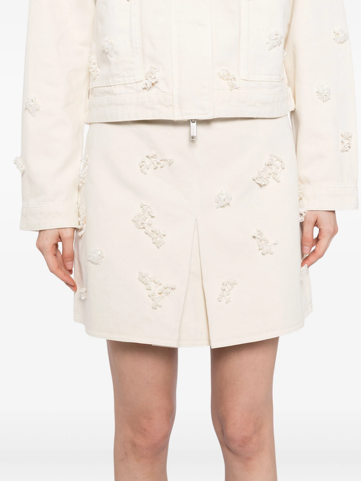 Cream Denim Beaded Floral Mini Skirt