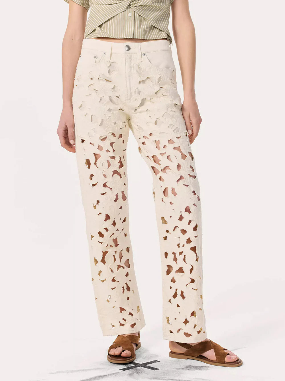 Logan Mid Rise Wide Leg Floral Cutout