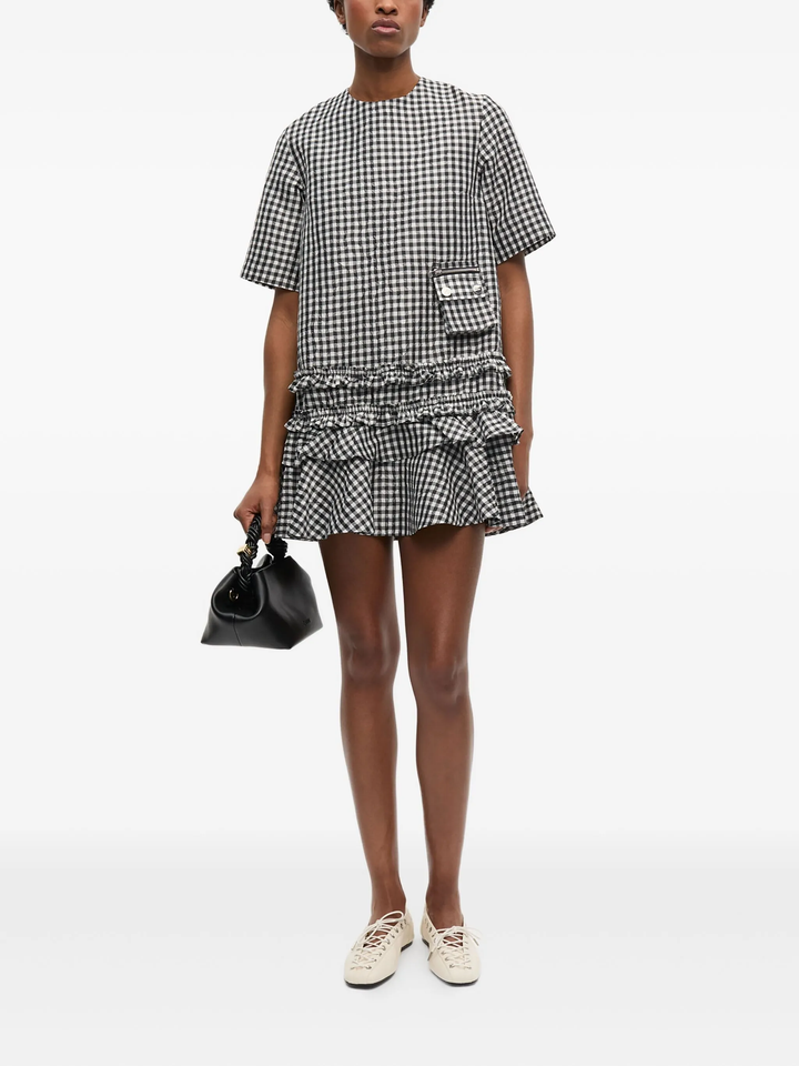 Crinkled Taffeta Check Open Back Mini Dress