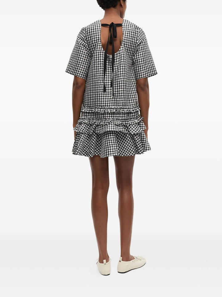 Crinkled Taffeta Check Open Back Mini Dress