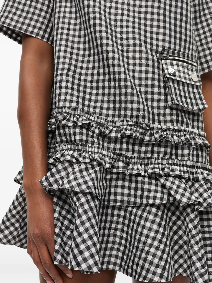 Crinkled Taffeta Check Open Back Mini Dress