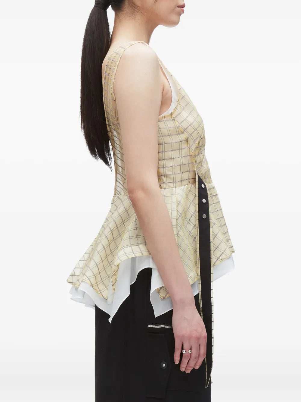 Plaid Organza Sleeveless V-Neck Flounce Top