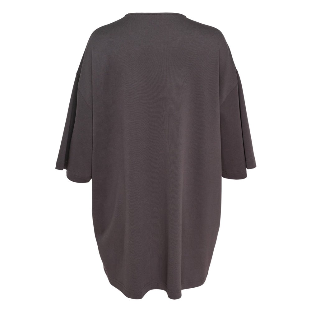 Lemaire Relaxed Oversized T-Shirt Dress in dark charcoal grey, featuring a dropped shoulder, half sleeves, front patch pocket, and ribbed crew neckline