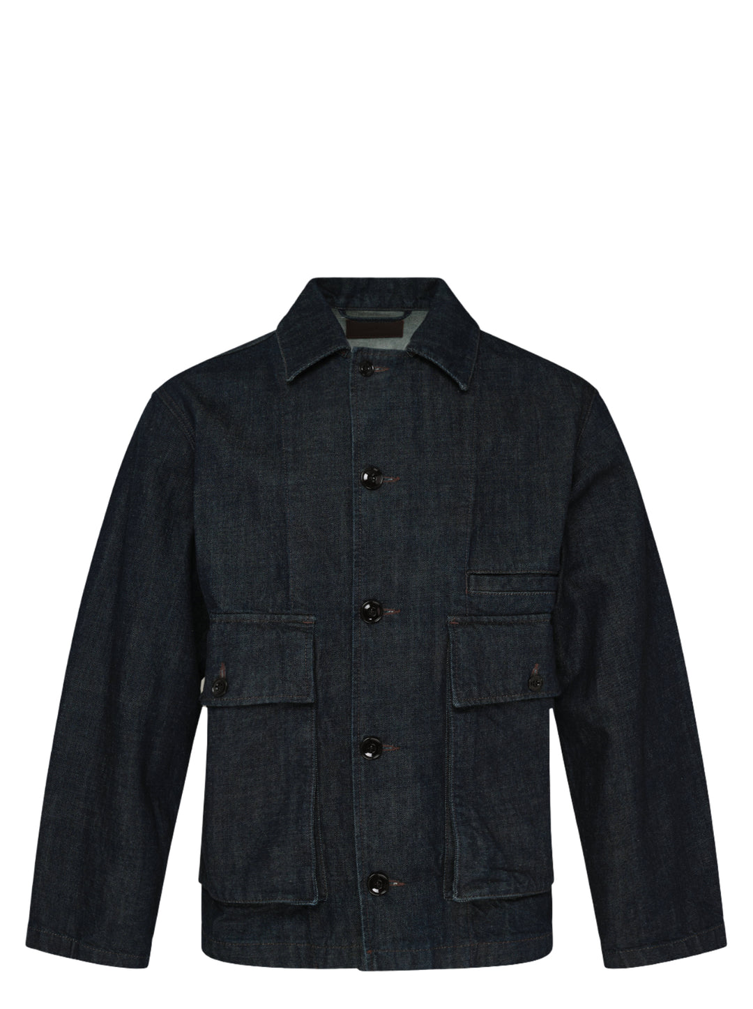 Lemaire boxy jacket in heavy indigo denim with a pointed collar, button front and two large flap pockets