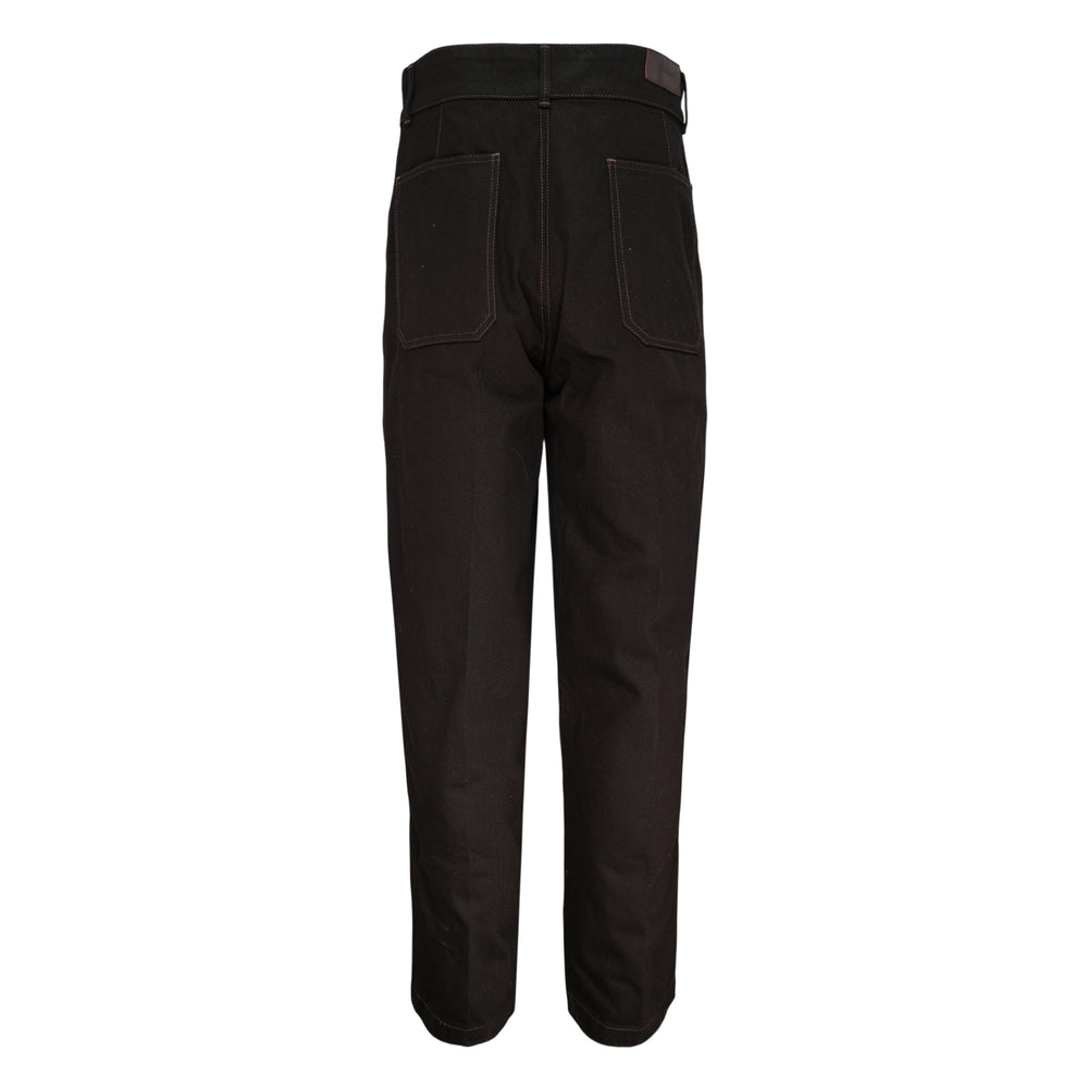 Lemaire Maxi Barrel Workwear Pants in black, featuring a high-rise waistband, barrel-leg silhouette with contrast stitching, and cropped tapered hem