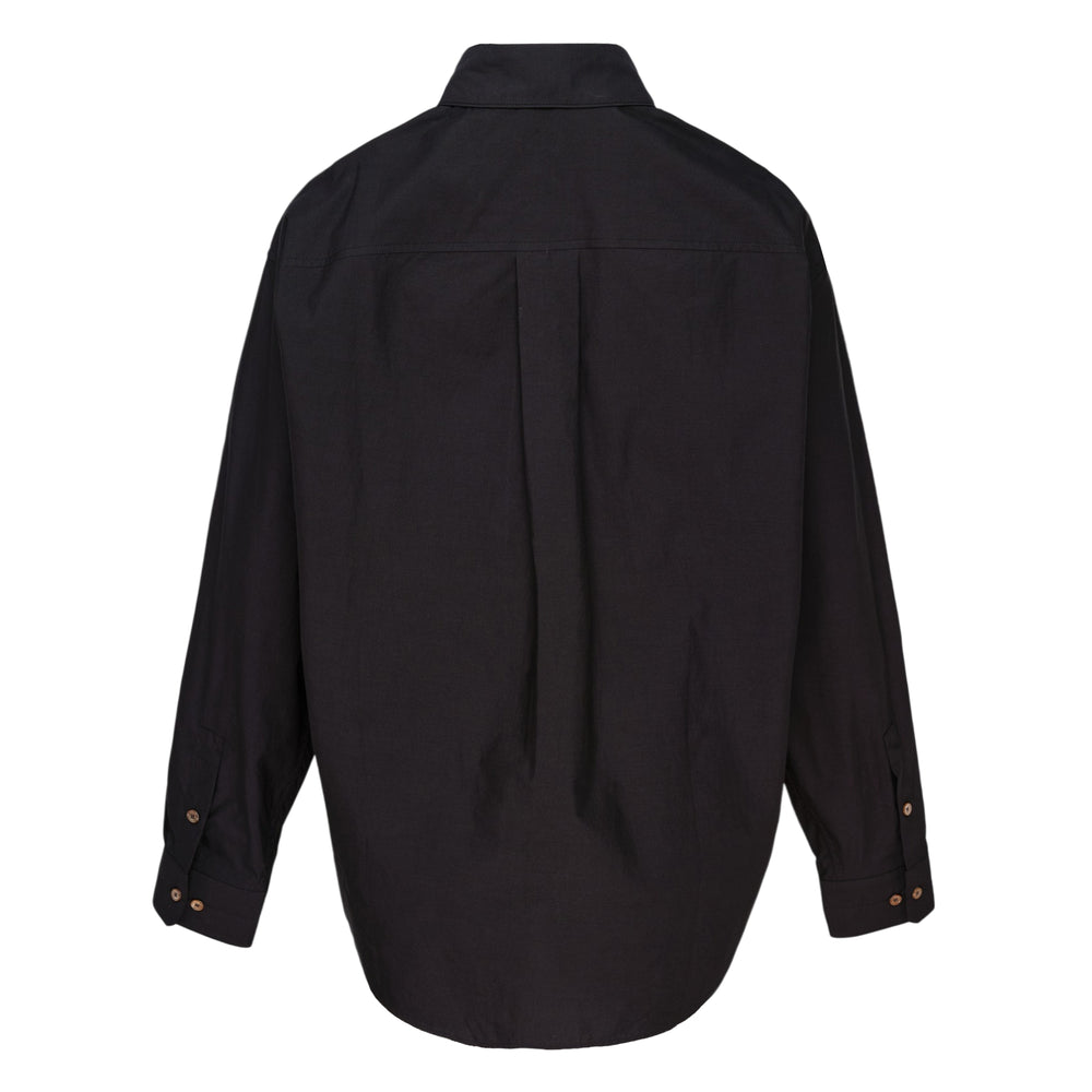 Lemaire Regular Long Sleeve Washed Cotton Shirt in black with horn-effect buttons and chest patch pocket, displayed flat on a white background
