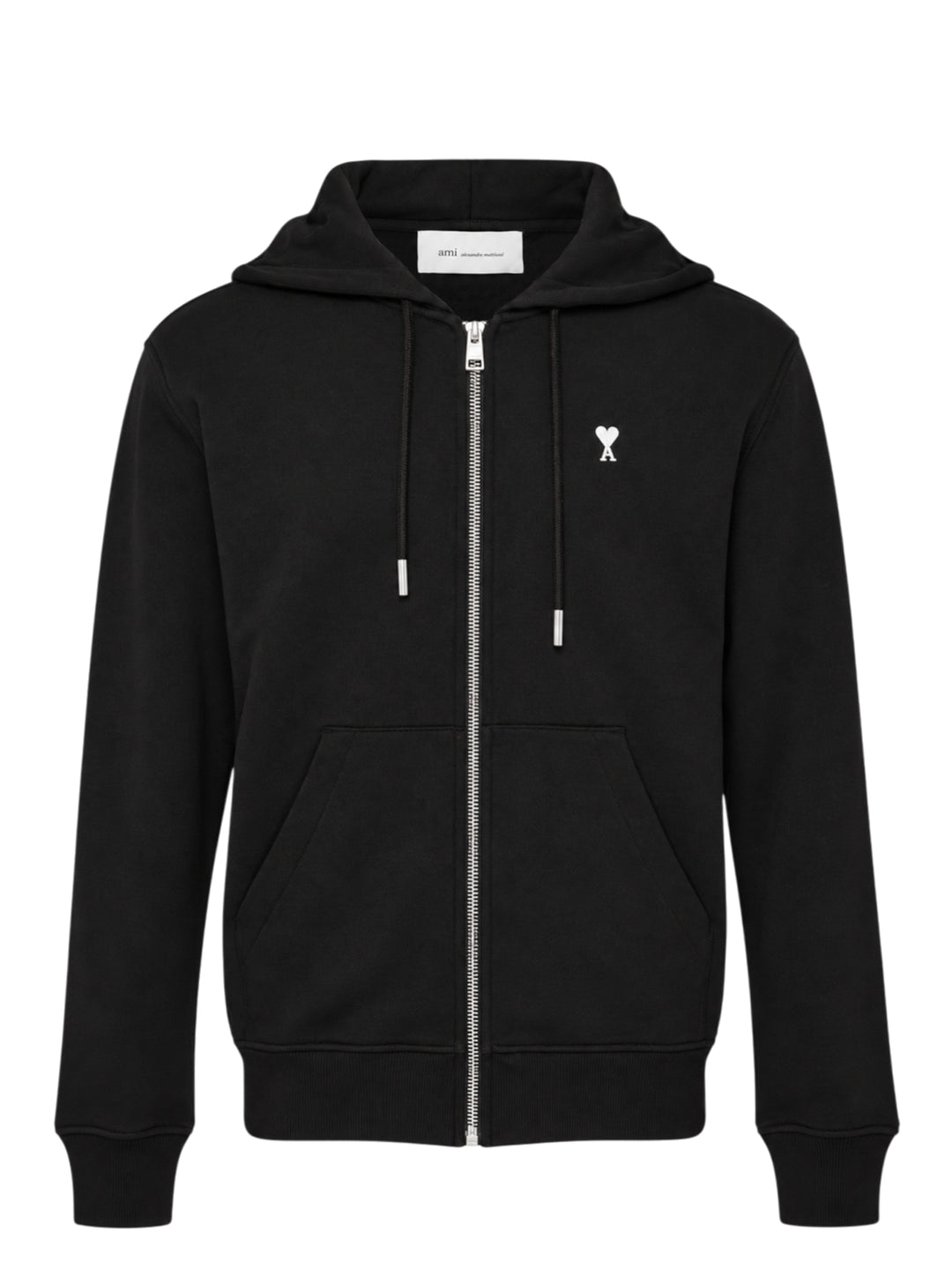 Ami Alexandre Mattiussi black zip-up hoodie with embroidered Ami de Cœur logo, silver zip hardware, adjustable drawstring hood, and kangaroo pocket