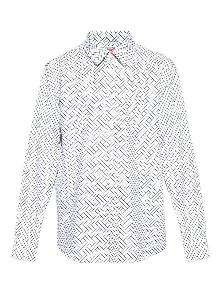 Kenzo long-sleeve regular-fit shirt in white with an all-over dark geometric basket-weave print, point collar, and front button fastening