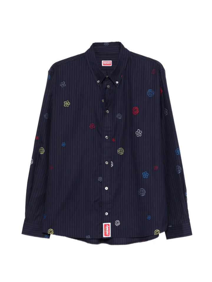 Kenzo Futura navy pinstripe long sleeve shirt with multicolour embroidered floral and globe motifs, button-down collar, and woven Kenzo label at hem
