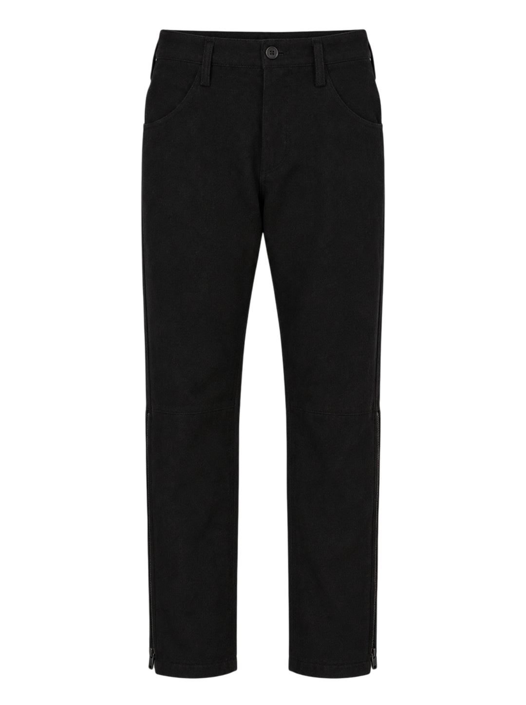 Yohji Yamamoto black Side Gusset Zip Pants with panelled knees, front slanted pockets and zip detailing at the lower leg seams