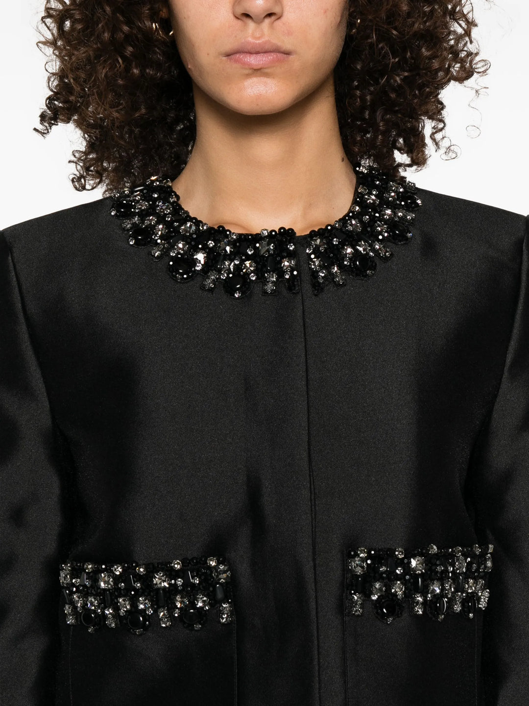 Black Taffeta Embellished Trim Jacket