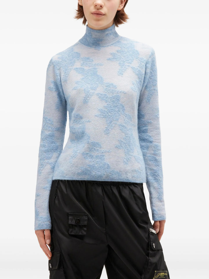 Sheer Flower Jacquard Mockneck Top