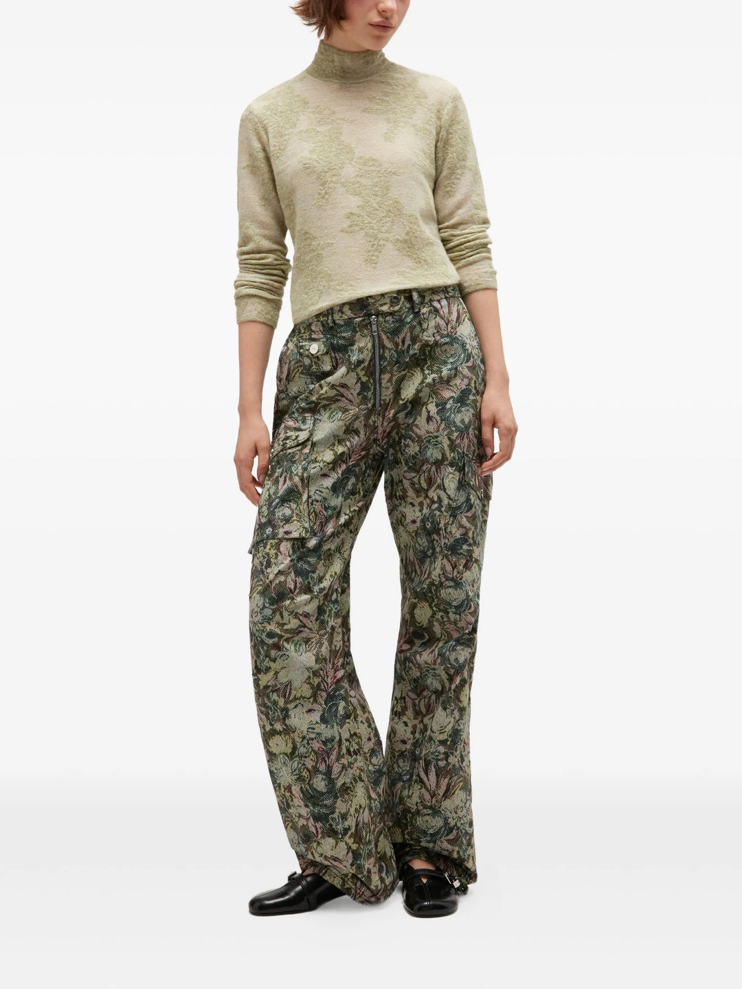 Sheer Flower Jacquard Mockneck Top