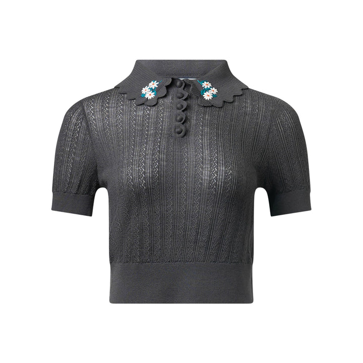 Grey Embroidered Pointelle Knit Top