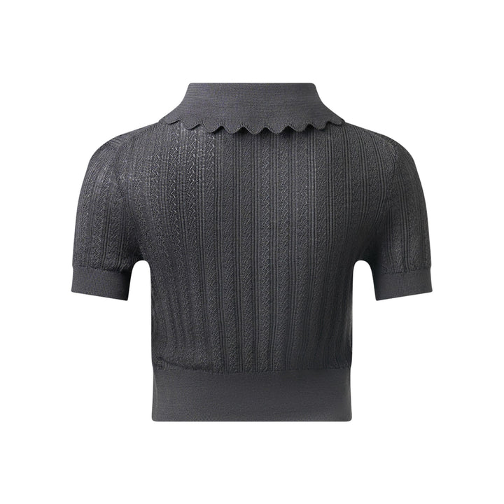 Grey Embroidered Pointelle Knit Top
