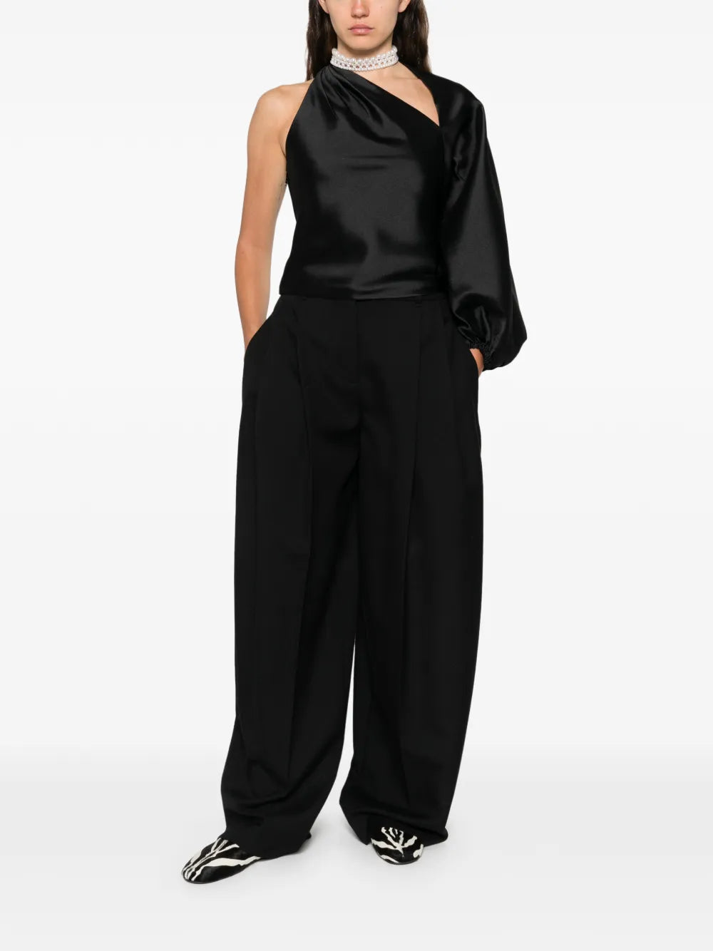 Black Taffeta Draped Sleeve Top