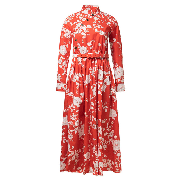 Red Floral Cotton Midi Dress