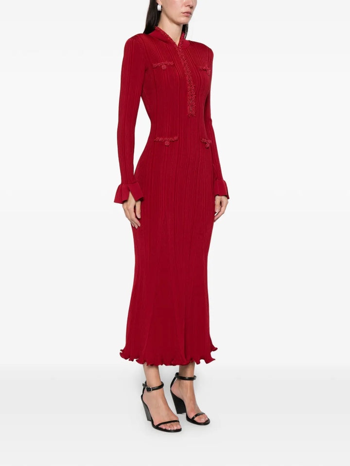 Red Pearl Trim Knit Midi Dress
