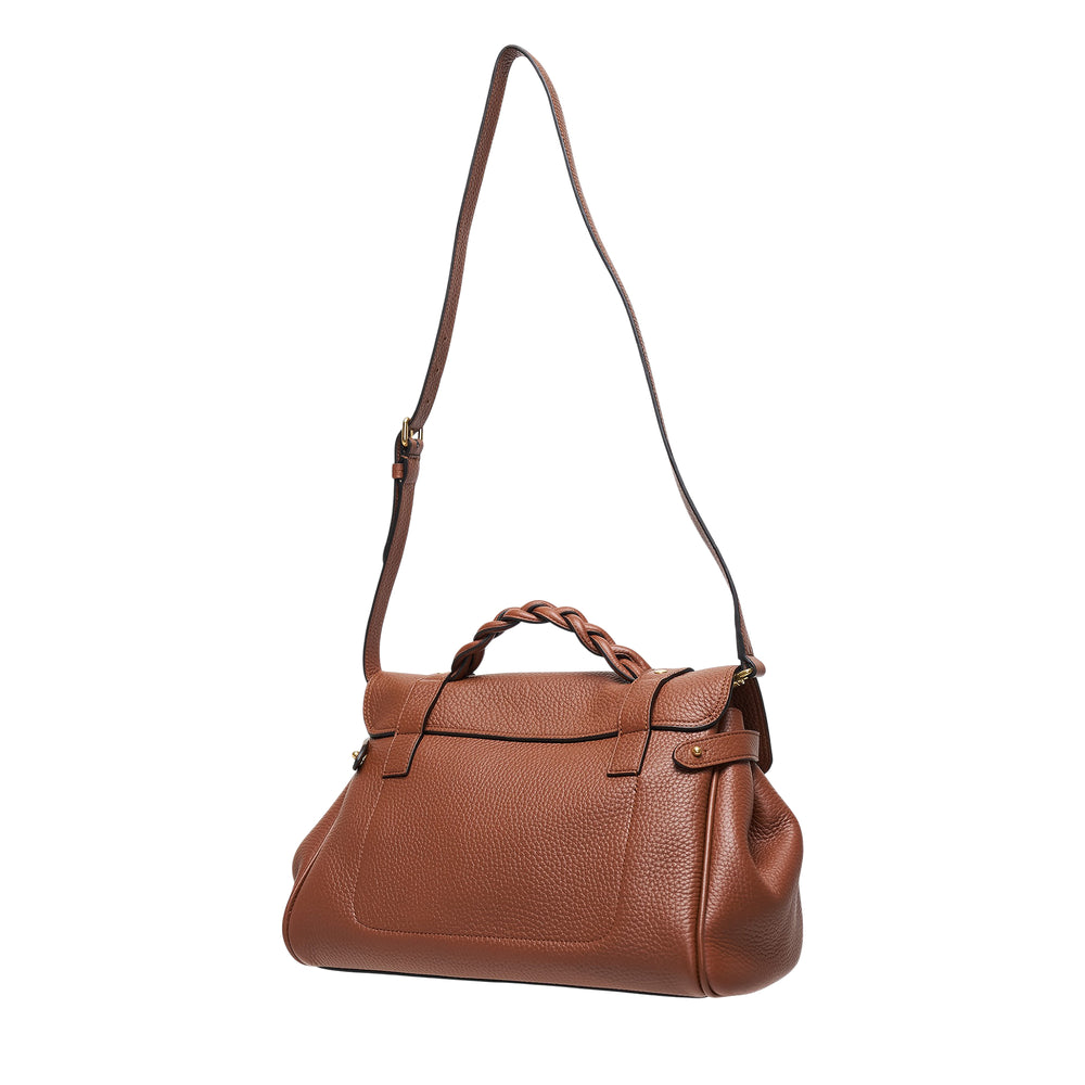 Mulberry Alexa Medium Top Handle Bag in tan heavy grain pebbled leather with gold-tone postman's lock closure, plaited top handle, twin buckle straps, and adjustable shoulder strap