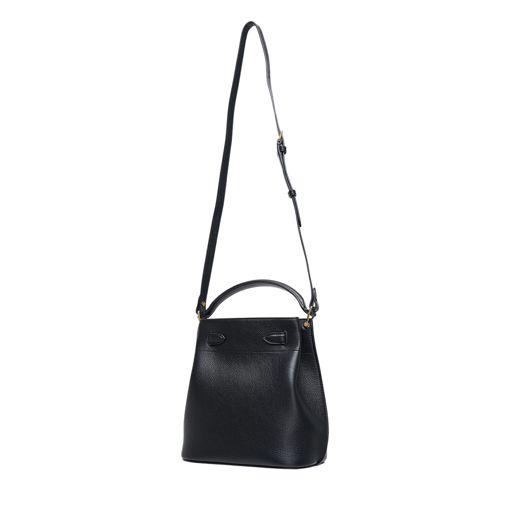 Mulberry Islington Bucket Bag in black pebbled leather with gold postman's lock closure, rolled top handle, and adjustable crossbody strap, photographed against a white background