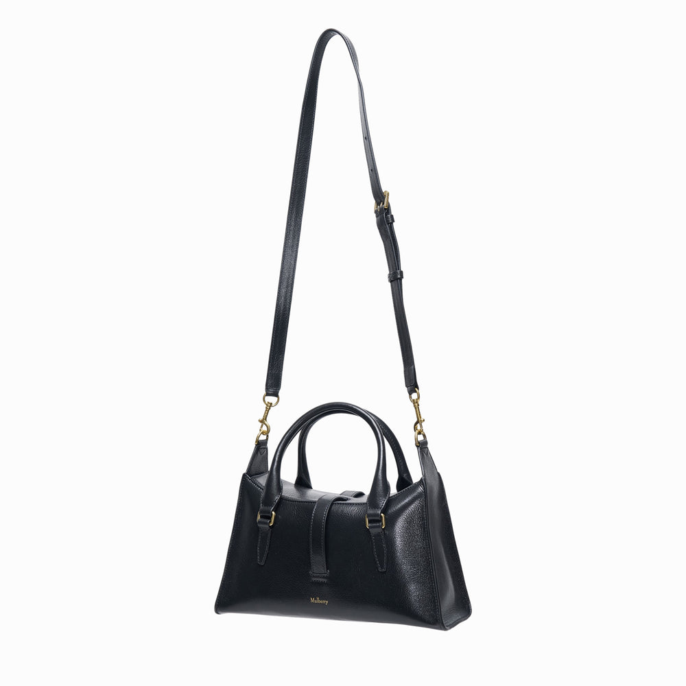 Mulberry Small Roxanne high shine black leather structured satchel bag with gold-tone hardware, dual front buckle pockets, top handles, and long adjustable crossbody strap, shown on white background - view 2