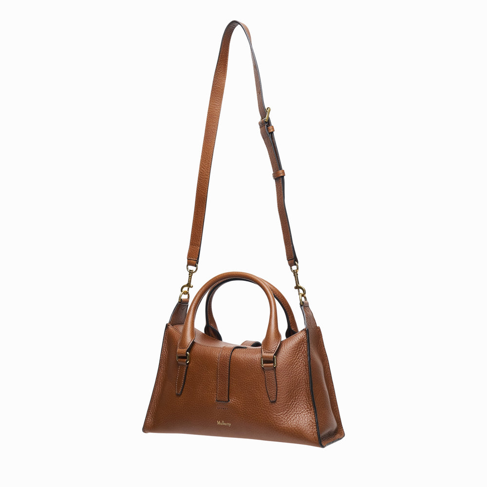 Mulberry Small Roxanne Heritage satchel in tan pebbled leather with antique brass hardware, twin front patch pockets, rolled top handles, and adjustable cross-body strap - view 2
