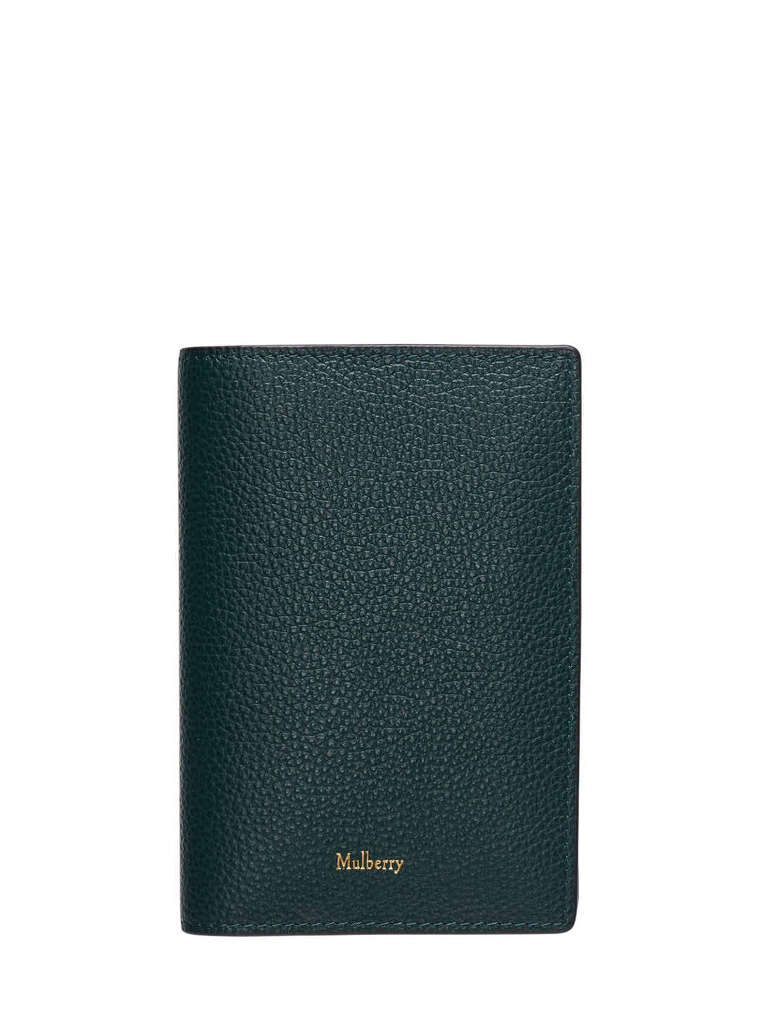 Mulberry Passport Cover in forest green pebbled leather with gold-tone embossed branding, front view