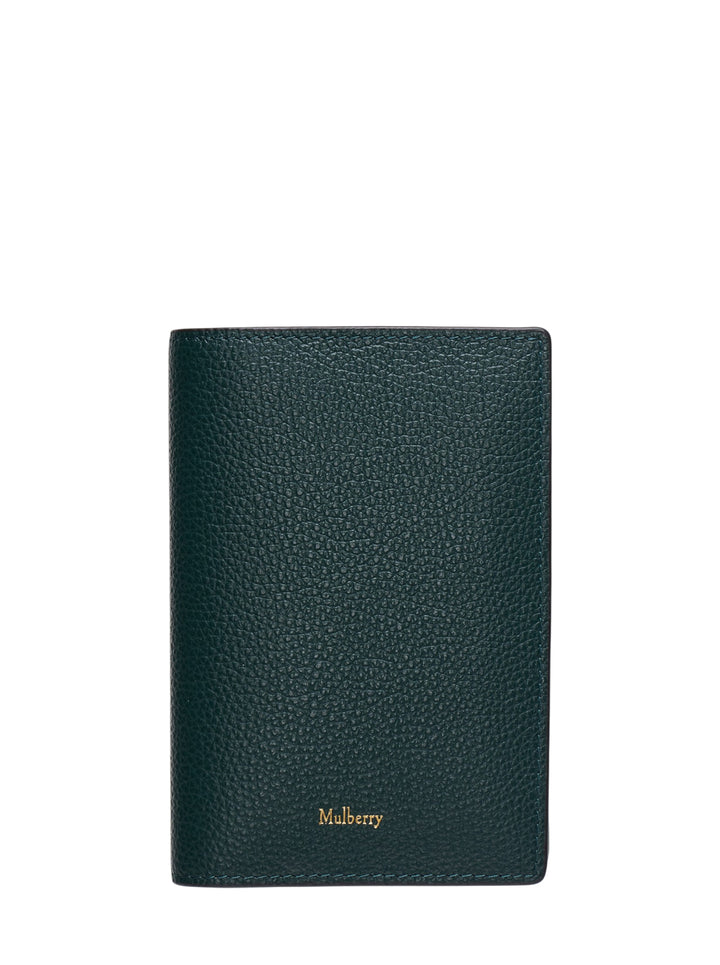Mulberry Passport Cover in forest green pebbled leather with gold-tone embossed branding, front view