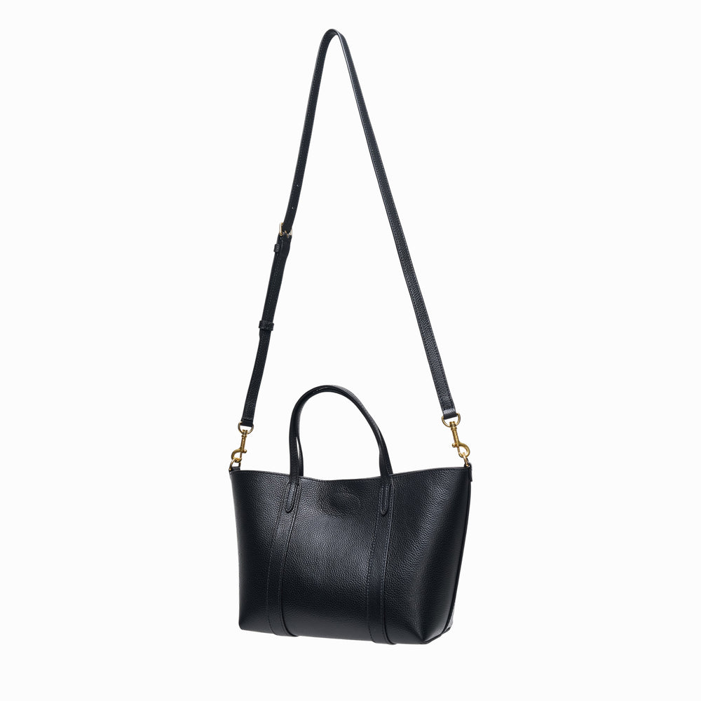 Mulberry Mini Bayswater Tote in black pebbled leather with gold-tone postman's lock closure, dual top handles, and an adjustable crossbody strap, photographed on a white background - view 2