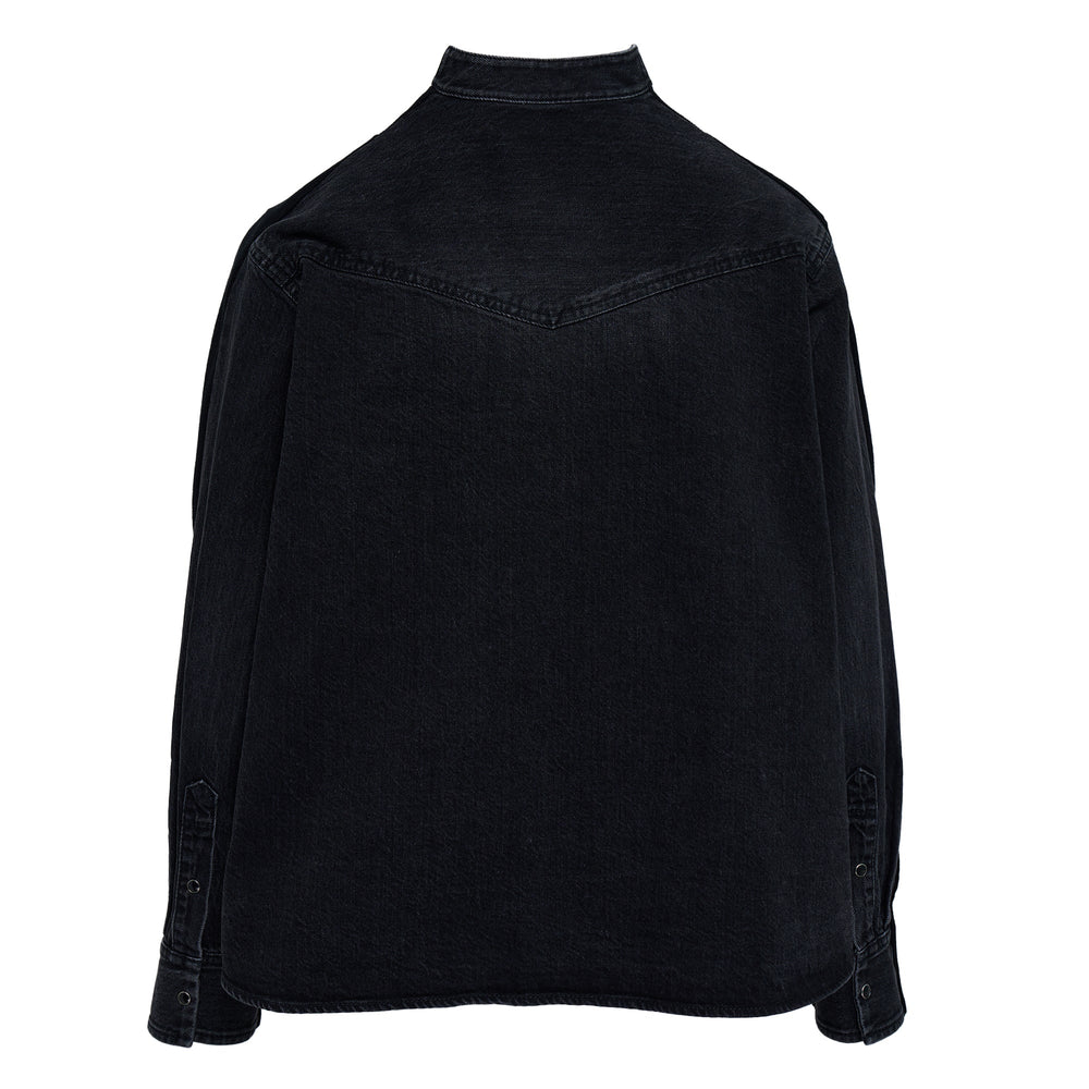 sacai Denim x Knit Cardigan in black, featuring a button-front knit body with a raw-hem denim underlayer, patch pockets, and ribbed cuffs