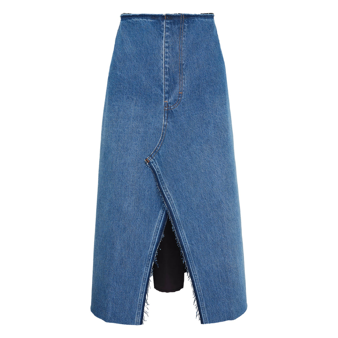 Denim-Wool Blend Midi Skirt