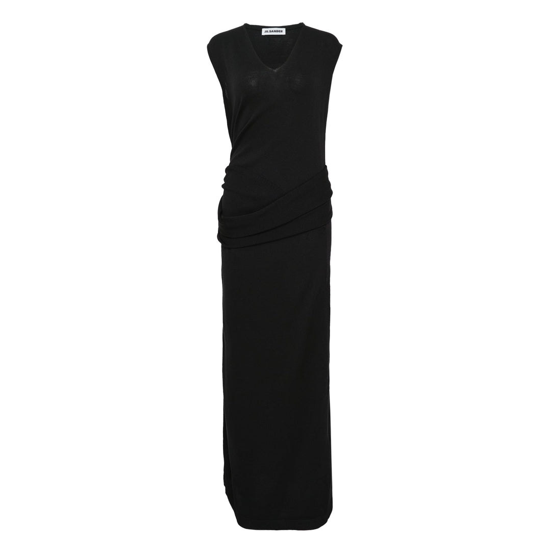 Sleeveless Draped Dress With Pin Brooch