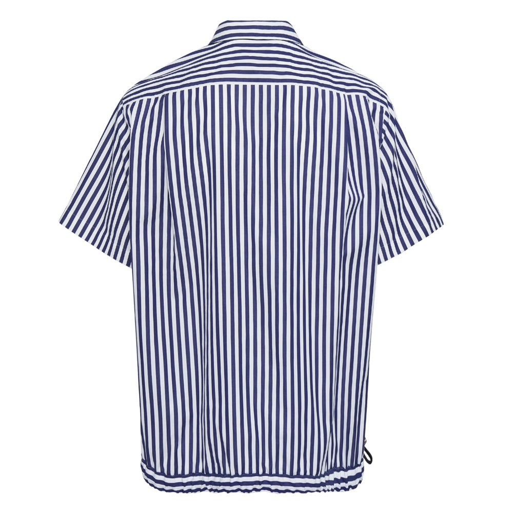 sacai Cotton Poplin Short Sleeve Shirt in black with dual chest pockets and elasticated drawstring hem, front view on white background