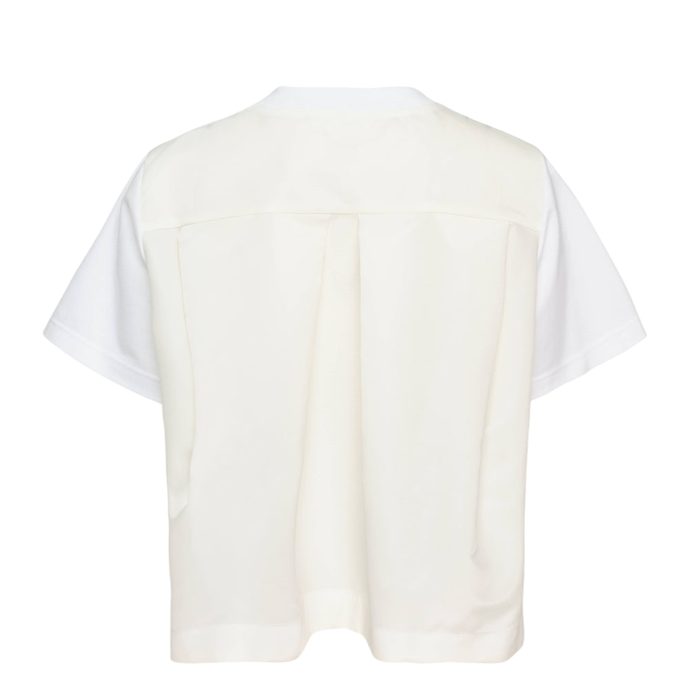 sacai Nylon Twill x Cotton Jersey T-Shirt in black, flat lay front view showing crew neckline and nylon shoulder panels