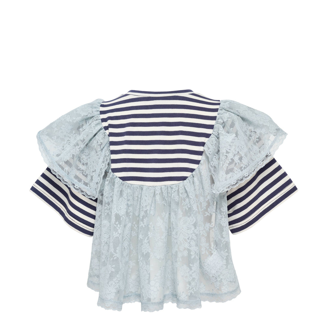 Blue Cropped Lace Layered Striped Blouse