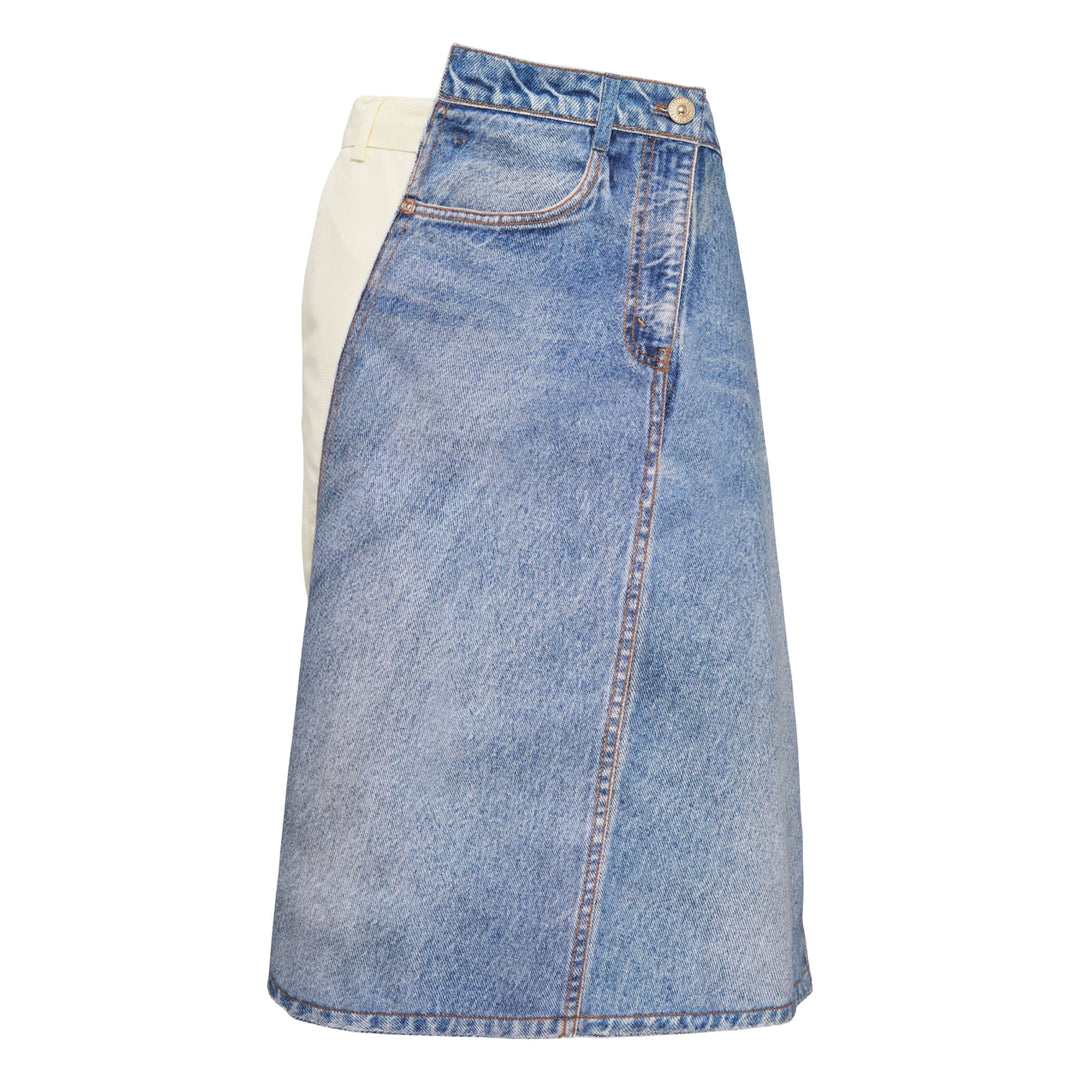 Blue Denim Print Wrap Panel Skirt