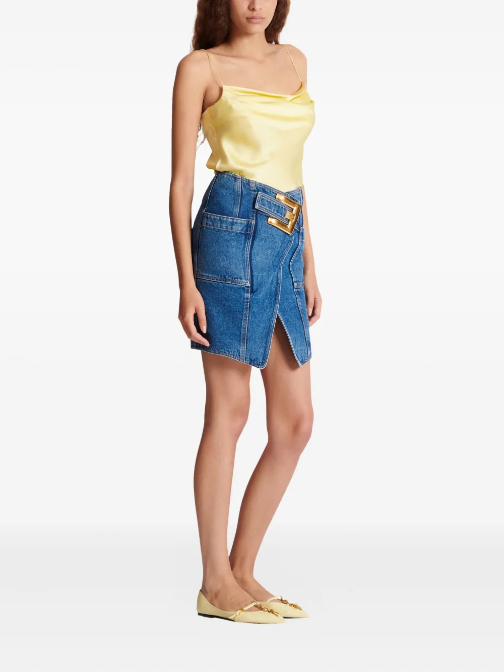 Belted Dark Blue Denim Knee Length Skirt