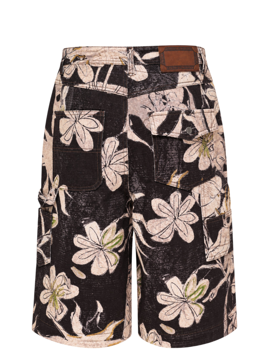 Andersson Bell carpenter shorts with an all-over black and cream floral and alien print, gold embroidered accents, and utility pocket detailing - view 2