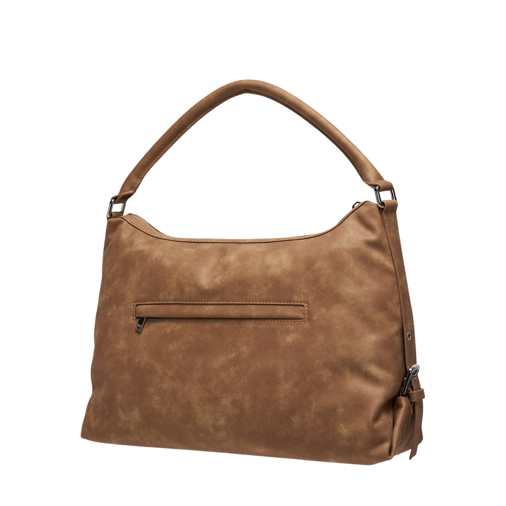 Stand Oil Mushy Bag in tan distressed suede-effect material with rolled top handle, zip closure, and silver-tone hardware
