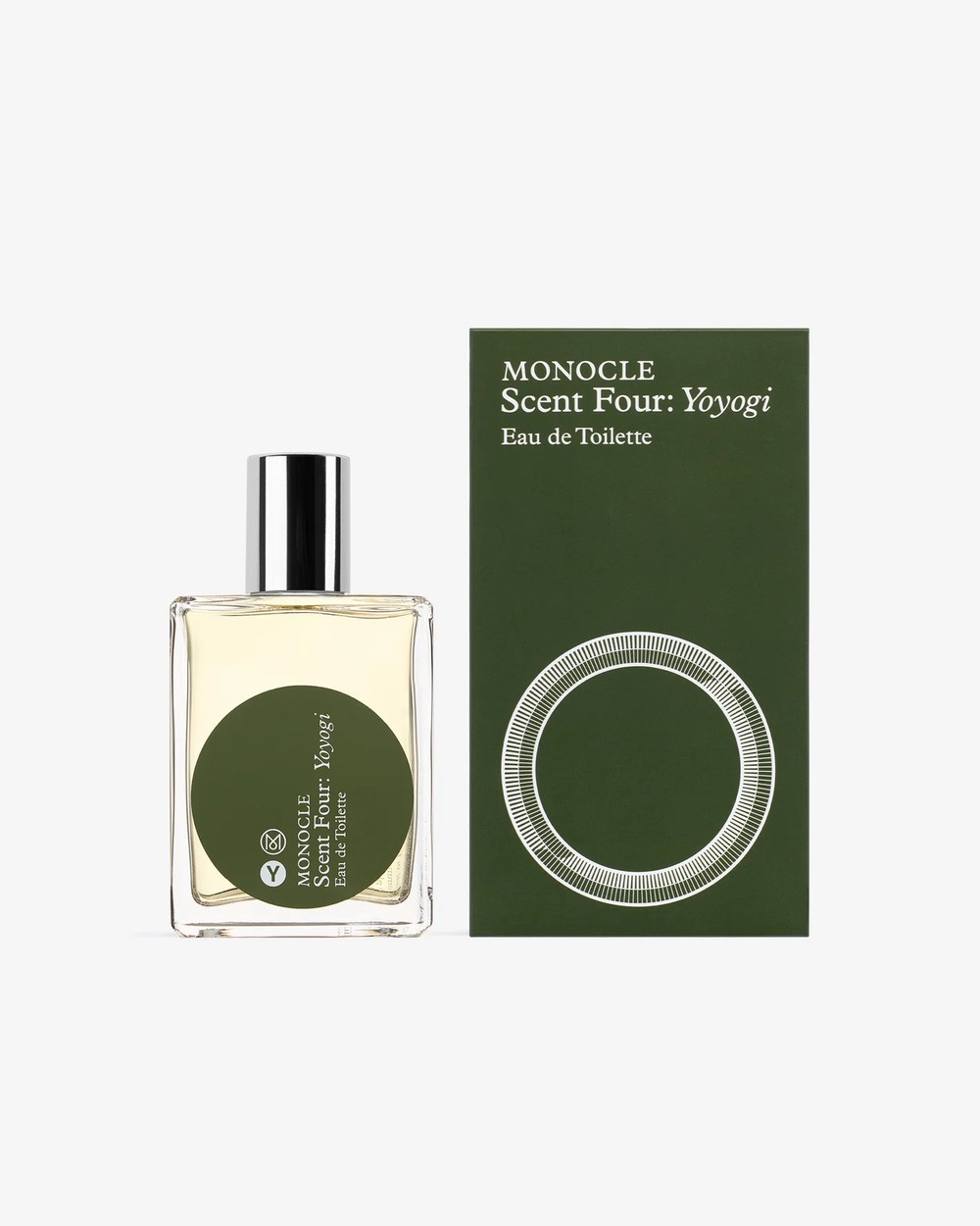 Comme des Garçons Parfums Monocle Scent Four Yoyogi Eau de Toilette 50ml spray bottle with polished silver cap and olive-green circular label on white background