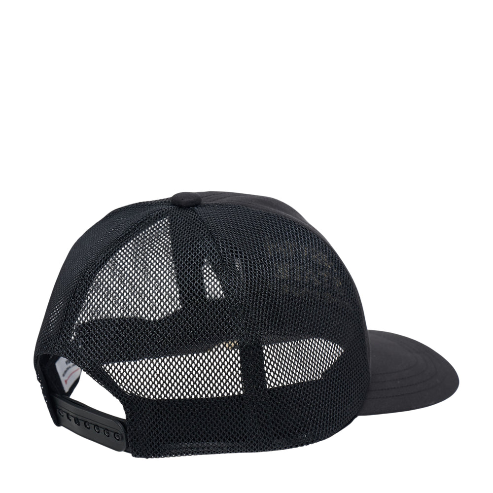 visvim State Reserve black trucker cap with cream embroidered text on structured front panel and mesh back