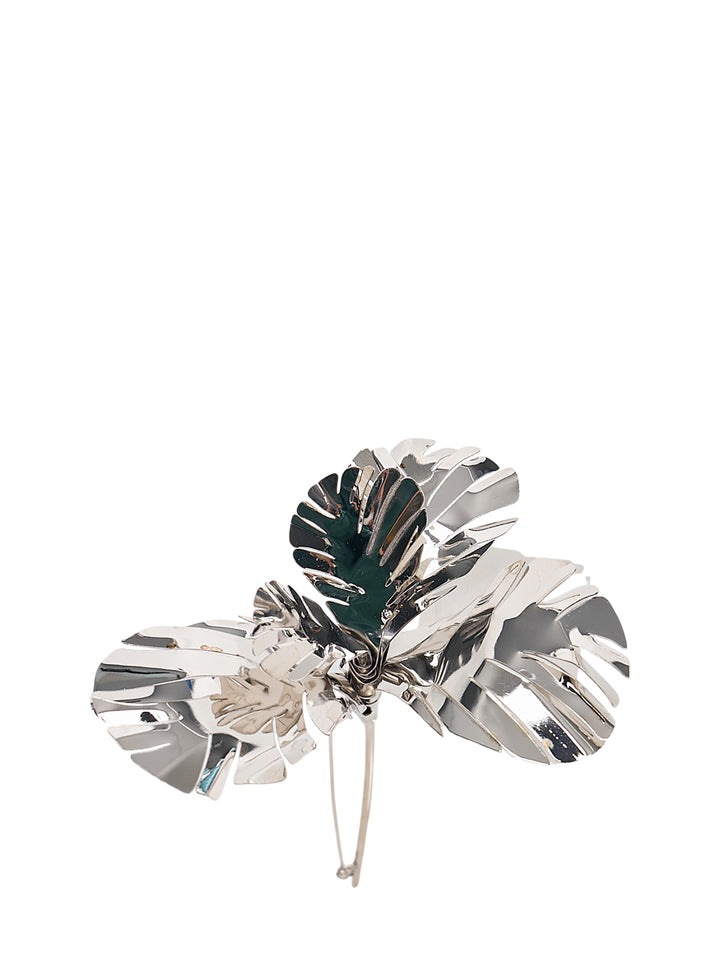N°21 silver-tone metal brooch shaped as three polished, cut-out tropical leaves with a long pin fastening - view 2