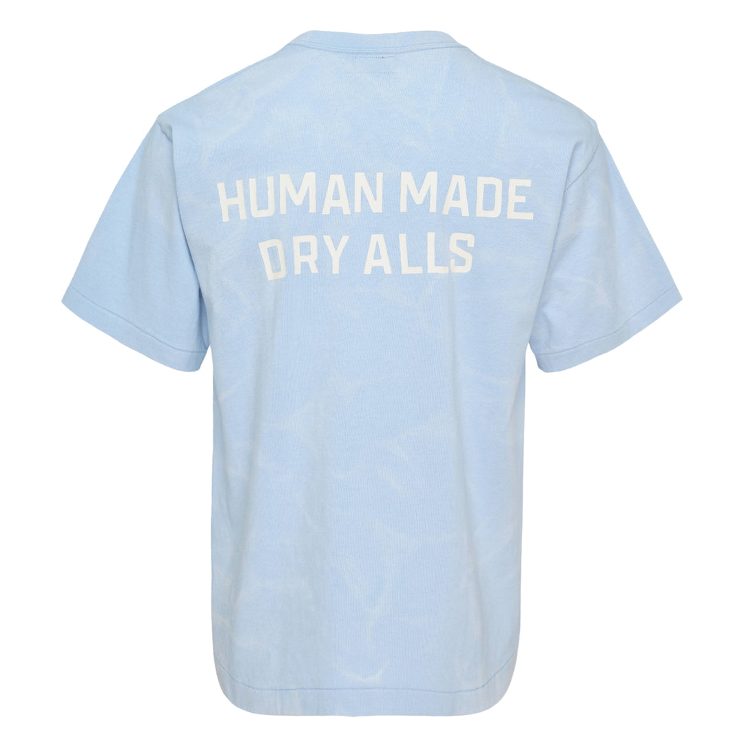 Human Made Garment Dye Short Sleeve Tee in light blue with tonal all-over wash effect and heart 'hm' logo graphic at the chest