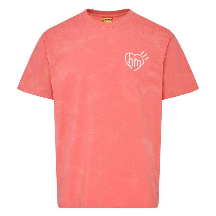 Human Made Garment Dye Short Sleeve Tee in light blue with tonal all-over wash effect and heart 'hm' logo graphic at the chest