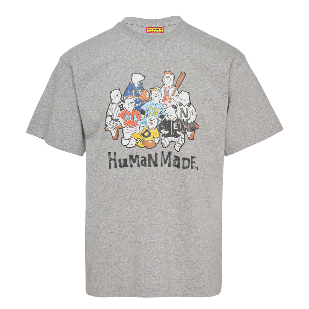 Human Made Baseball Graphic T-Shirt in heather grey, featuring an illustrated group of bear characters in baseball uniforms spelling out Human Made, with the brand wordmark printed below the graphic