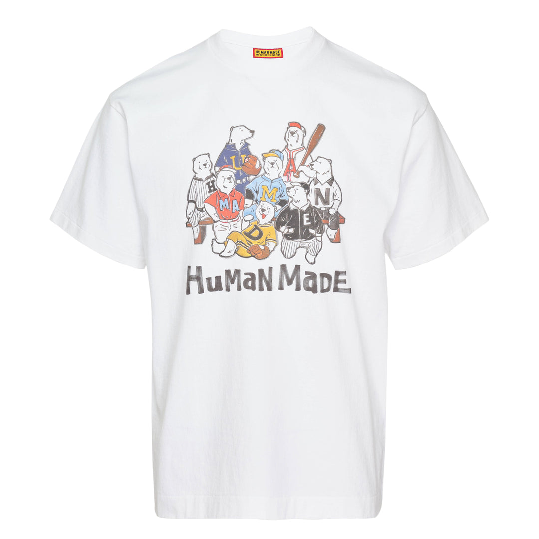 Human Made Baseball Graphic T-Shirt in heather grey, featuring an illustrated group of bear characters in baseball uniforms spelling out Human Made, with the brand wordmark printed below the graphic