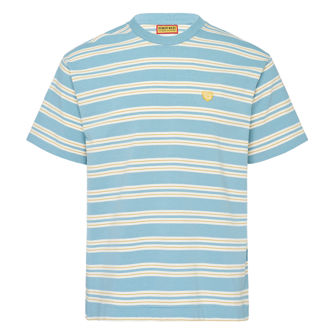 Human Made Striped Short Sleeve Tee in sky blue with horizontal multicolour stripes in cream, yellow, and blush, featuring an embroidered yellow heart logo patch at the chest
