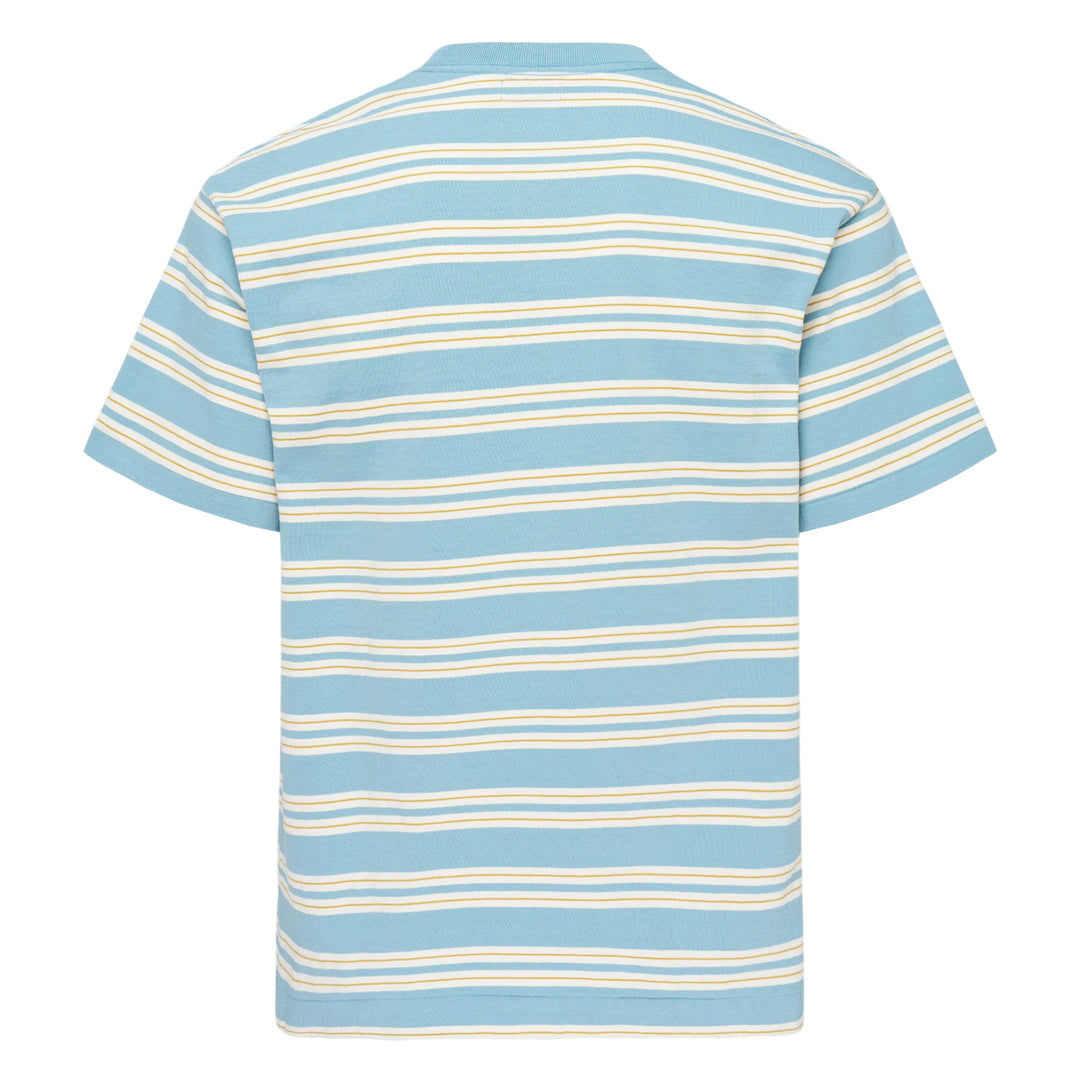 Human Made Striped Short Sleeve Tee in sky blue with horizontal multicolour stripes in cream, yellow, and blush, featuring an embroidered yellow heart logo patch at the chest