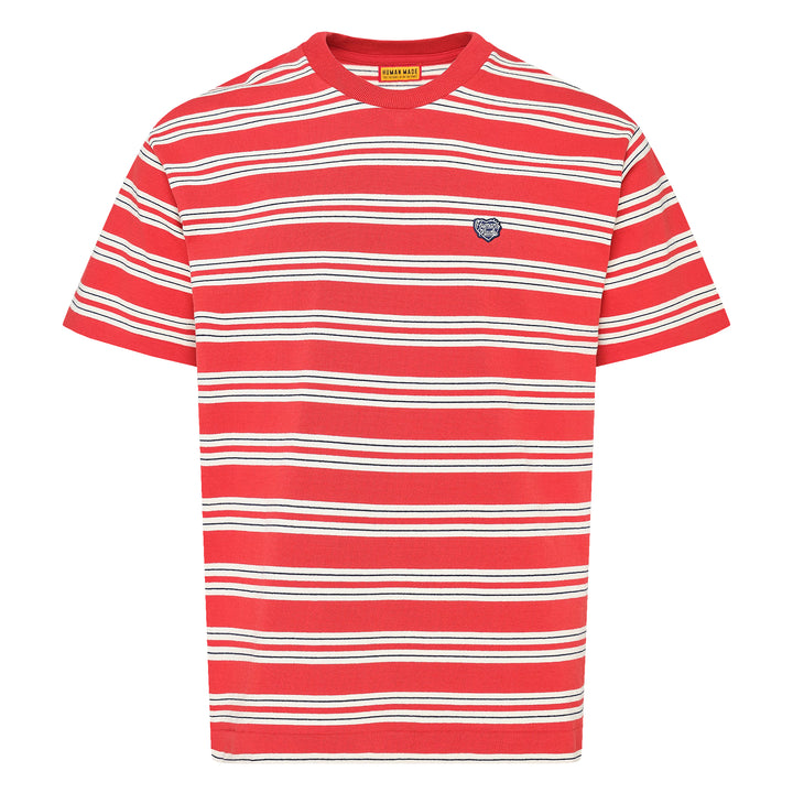 Human Made Striped Short Sleeve Tee in sky blue with horizontal multicolour stripes in cream, yellow, and blush, featuring an embroidered yellow heart logo patch at the chest